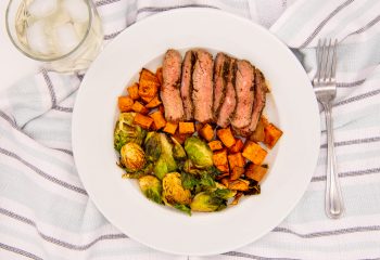 Coffee Rubbed Flank Steak with Sweet Potato Mash & Maple Roasted Brussels Sprouts