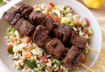 Meat Skewers with Tabouli Salad over Jasmine Rice