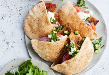 Peruvian Vegan Pita Burger with Peruvian Green Sauce and Side Salad