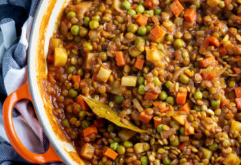 Lentil Picadillo with green olives, raisins, mashed sweet potatoes, and almond garlic broccoli