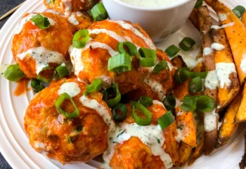 Buffalo Chicken Meatballs with Baked Fries, Garlic Green beans & Dairy Free Ranch