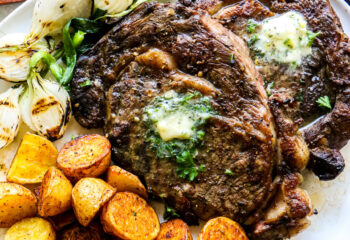 Seared Dry-Aged Ribeye with Charred Broccolini & Roasted Herb Potatoes