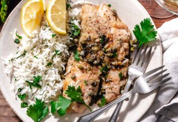 White Fish Picatta with Rice & Roasted Broccoli