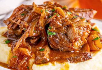 French Onion Pot Roast with Mashed Potatoes & Carrots